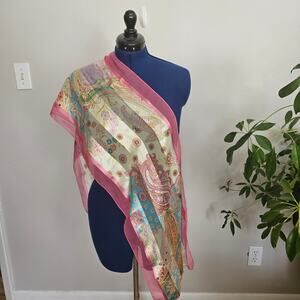 Multicolor Floral and Paisley Scarf with a solid pink border. Made in Korea